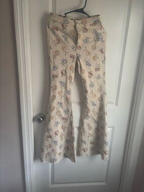 Free People Cream Flared Jeans with Multicolor Fruit & Floral Print